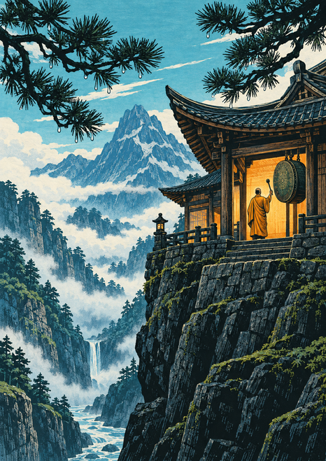 A saffron-robed figure beside a hanging round object in a warmly lit mountain pavilion above a misty ravine, framed by pine branches.