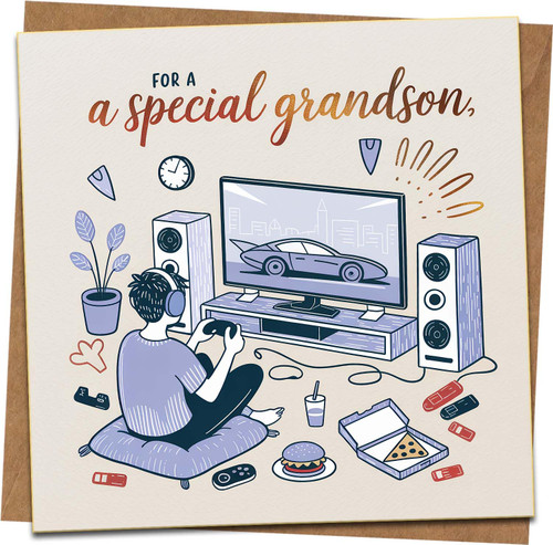 Grandson Birthday Card Gamer Theme – For a Special Grandson – 145mm x 145mm Square Greeting Card with Kraft Envelope