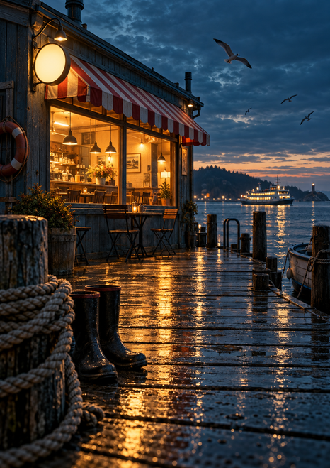 Warmly lit café with a striped awning beside a reflective pier, ferry lights on the water, gulls, rope, and boots at dusk.