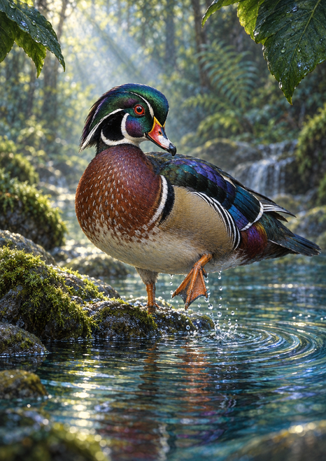 A colorful male wood duck raises one orange webbed foot above a shallow forest pool, with droplets, mossy stone, and leaves around it.