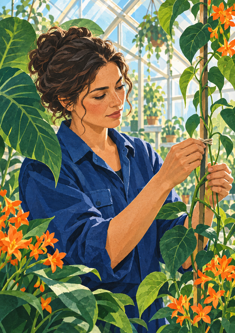 A woman in an indigo shirt ties a leafy vine to a support inside a bright greenhouse, surrounded by leaves and orange blossoms.