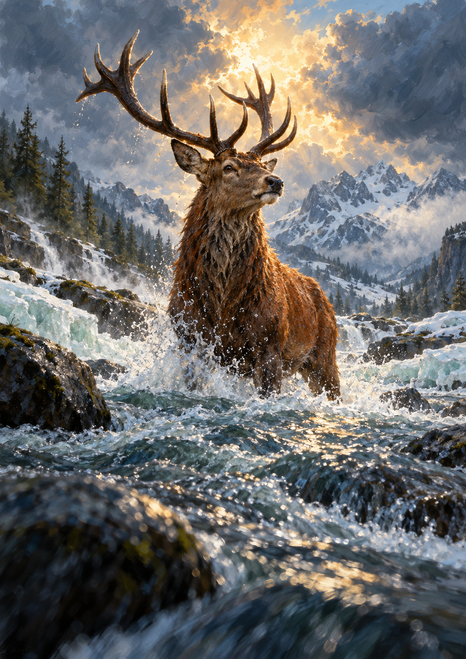 Russet-brown stag with branching antlers standing in foaming water below a bright storm-cloud opening in snowy mountains.