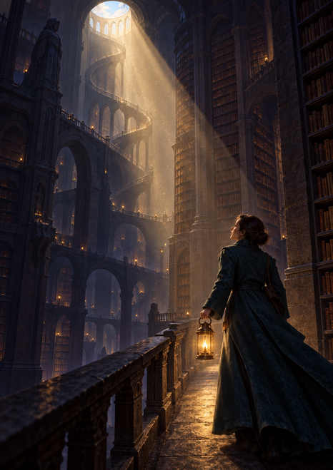 A woman carrying a glowing lantern looks upward in a vast dark library with towering shelves, a spiral staircase, and an amber light beam.
