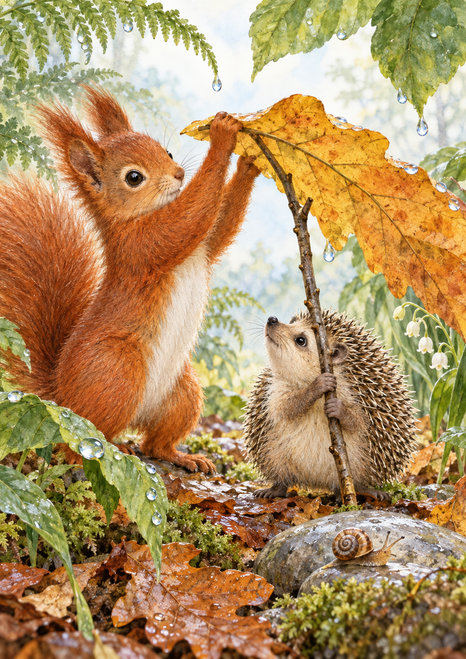 A red squirrel holds up a golden leaf as a hedgehog grips a twig below, with droplets on leaves and a snail on a stone.