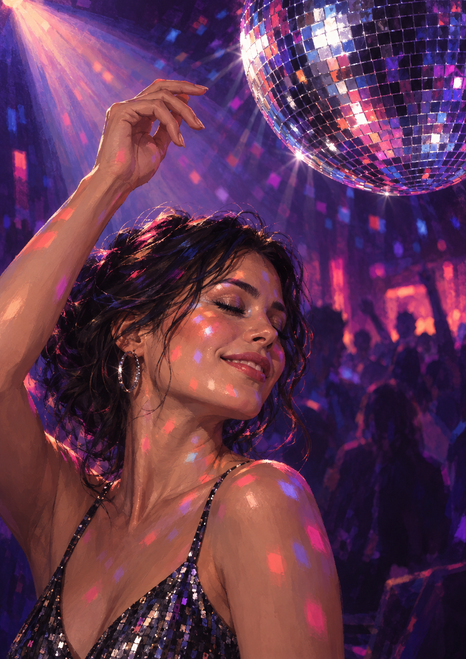 Adult woman in a sequined top dancing with one arm raised beneath a large mirrored disco ball against a violet and indigo background.