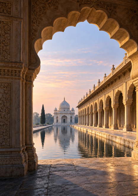 Distant white domed pavilion seen through a carved stone arcade, beside a colonnade and reflecting pool.