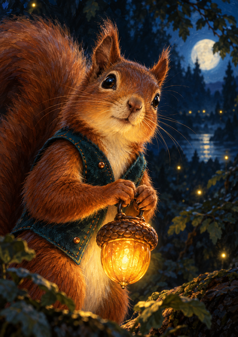 Red squirrel in a dark teal waistcoat holding a glowing acorn lantern in a moonlit woodland.