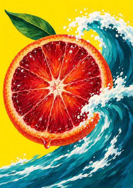 Cut ruby-red blood orange overlapped by a turquoise wave, with a green leaf and juice droplet on yellow.