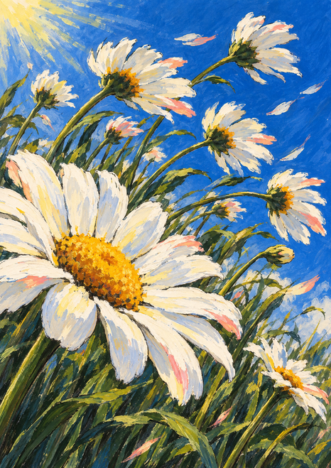 Large white daisy and smaller wind-bent blooms with green stems against a vivid blue sky.