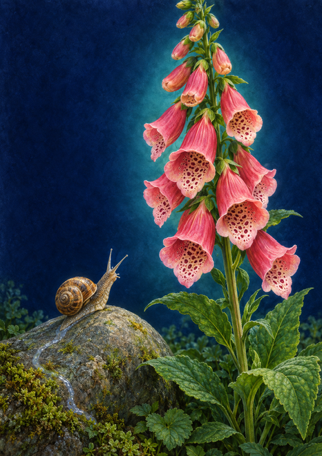 Tall pink foxglove flowers beside a snail on a mossy stone against a deep blue and teal background.