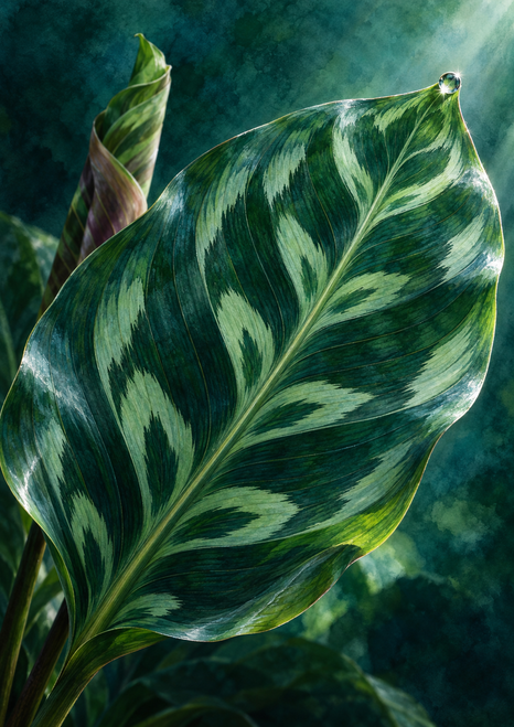 Close-up of a large patterned prayer-plant-like leaf with a water bead near its pointed tip and a curled leaf behind it.