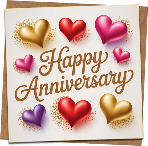 Happy Anniversary Card - 145mm x 145mm Square Greeting Card with Hearts, Blank Inside, Includes Kraft Envelope - Romantic Card for Wife, Husband, Couples