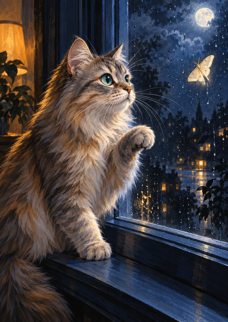 Fluffy silver-brown and cream cat with one paw raised, watching a glowing moth beyond a rain-speckled moonlit window.