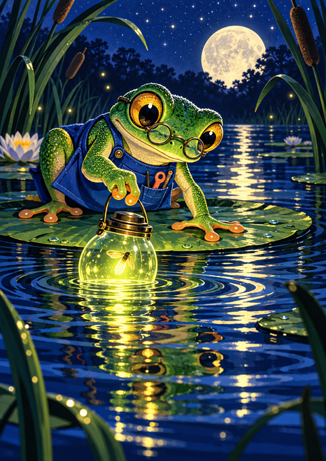 A bespectacled green frog in a blue apron balances on a lily pad beside a glowing lantern over an indigo pond.