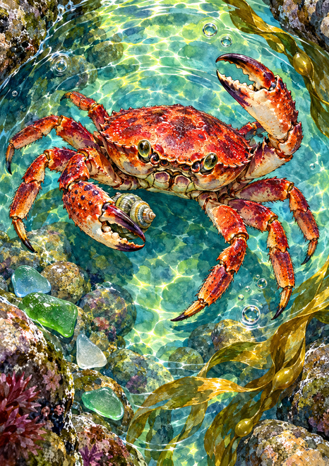 Red-orange shore crab holding a small spiral shell in a turquoise rocky tidepool with kelp and bubbles.