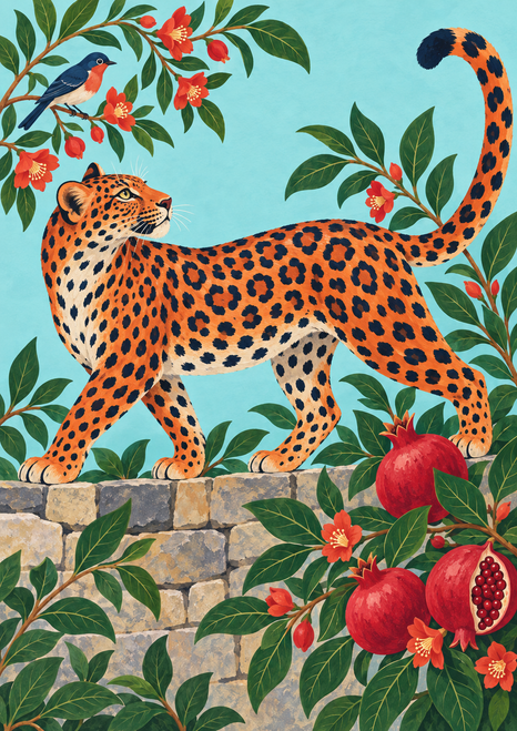 Orange-spotted leopard walking along a stone wall toward a bird among flowers, with pomegranates at lower right.