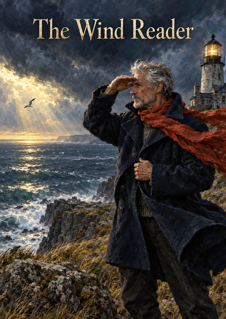Gray-haired lighthouse keeper in a dark coat and rust-red scarf watches a seabird over a stormy sea, with an illuminated lighthouse behind him.