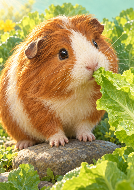 Fluffy russet-and-cream guinea pig leaning toward a green lettuce leaf, with its front paws on a stone and leafy garden foliage behind.