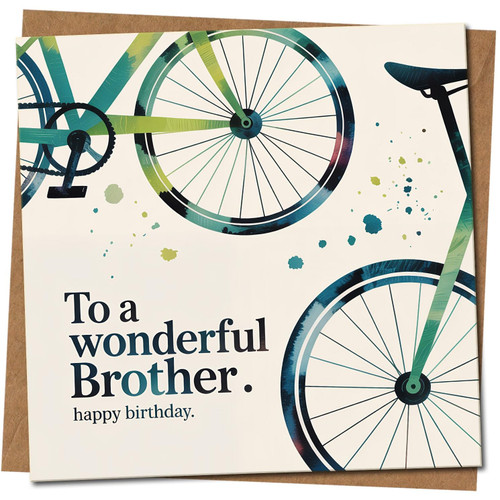 Brother Birthday Card - To a Wonderful Brother - Bicycle Wheels Design - 145mm x 145mm Square Greeting Card - Happy Birthday for Includes Kraft Envelope