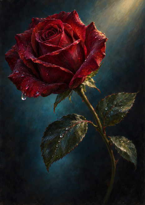 A large garnet rose with water droplets on its petals and dark green leaves against a moody teal-charcoal background.