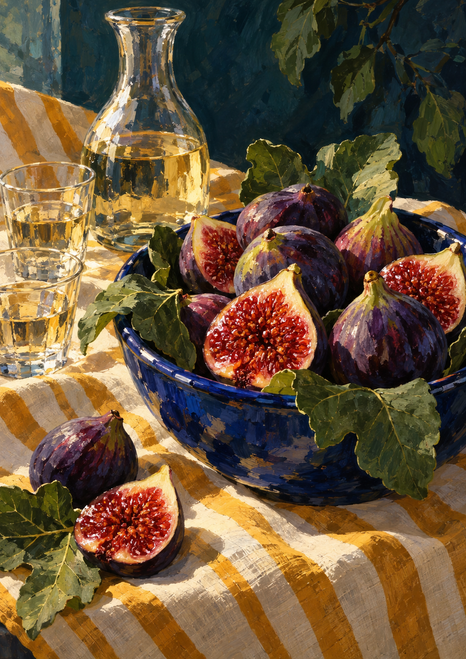 Whole and cut figs in a cobalt bowl beside a glass carafe and tumblers, with striped cloth and a dark blue-green backdrop.
