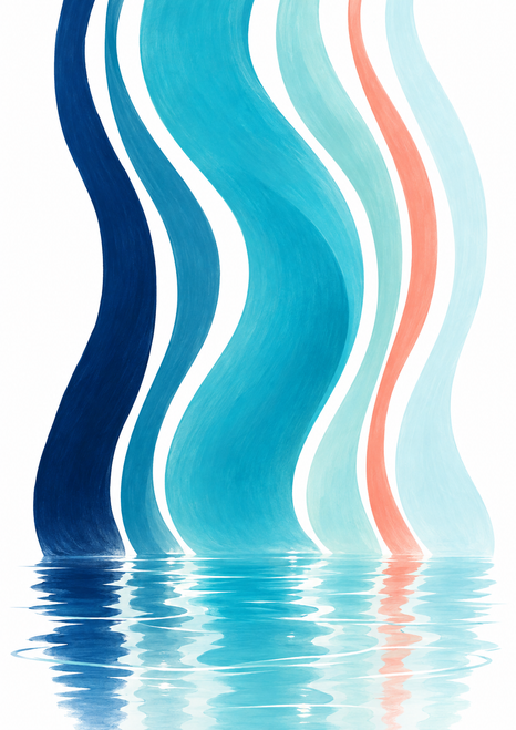 Five wavy blue, turquoise, aqua, and coral ribbons reflected as horizontal ripples on a white background.
