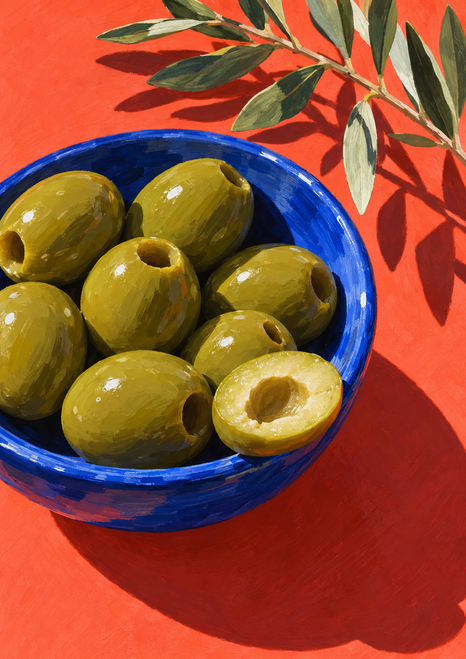 Cobalt-blue bowl filled with green olives beside a pale cut olive, under a leafy branch casting a shadow across a coral-red surface.
