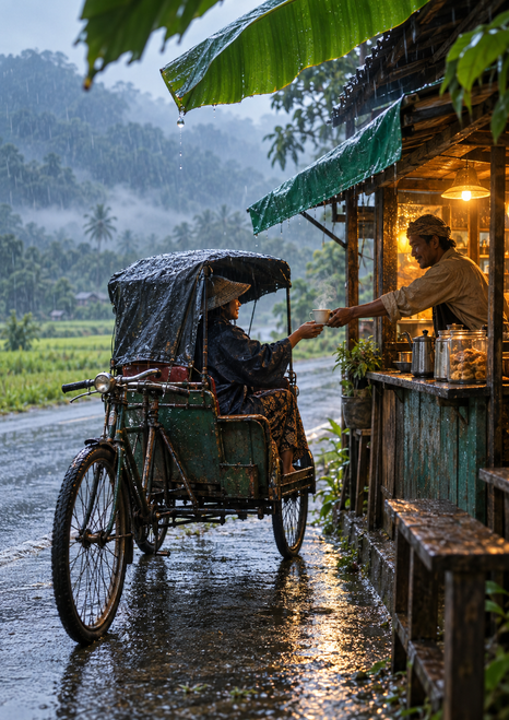 Vendor offers a cup to a seated passenger in a covered bicycle cart beside a green roadside stall in heavy rain.
