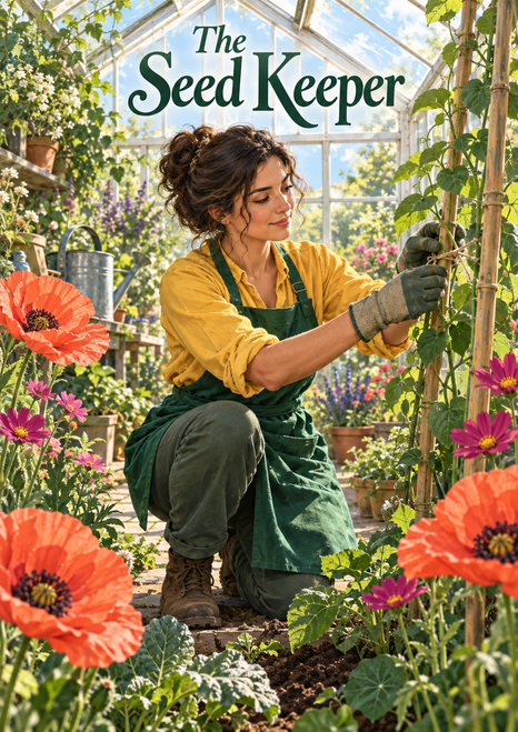 Adult woman in a yellow blouse and green apron tending a climbing plant among flowers inside a bright greenhouse; title text reads The Seed Keeper.