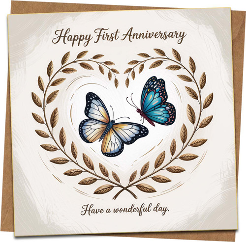 Happy First Anniversary Card – Butterfly Heart Wreath Design – 145mm x 145mm Square Greeting Card with Kraft Envelope – Romantic Love Card for Husband, Wife, Couples