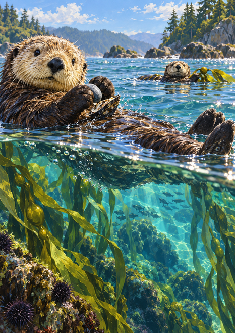 A large sea otter floats on its back at a clear turquoise waterline, holding objects against its chest as another otter surfaces near kelp.