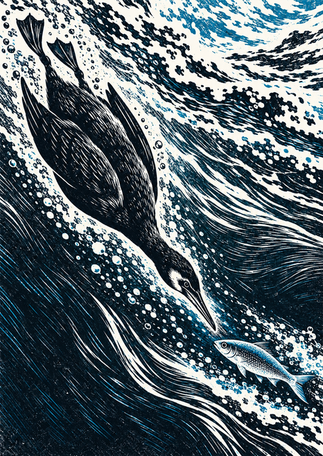 A dark cormorant dives diagonally through white foam toward a small silver-blue fish, with cyan accents against indigo-black water.