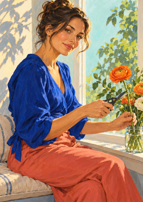 An adult woman in a cobalt blouse and coral trousers holds garden snips near orange ranunculus stems in a glass jar by a bright window.