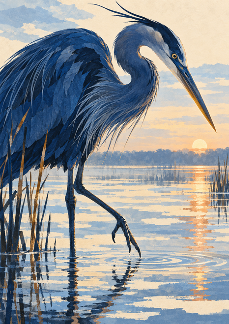 Blue-gray heron lowering its bill toward shallow dawn water, with reeds and a warm sunrise reflection.