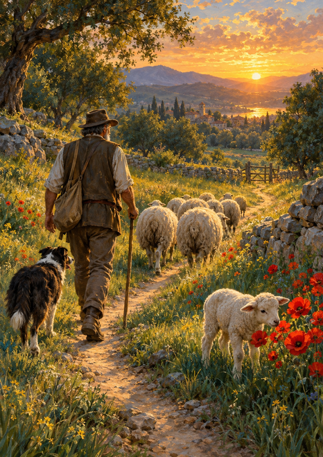 A shepherd with a walking stick and a black-and-white dog lead sheep along a winding meadow path, with a lamb among red poppies and a sunset-lit village in the distance.