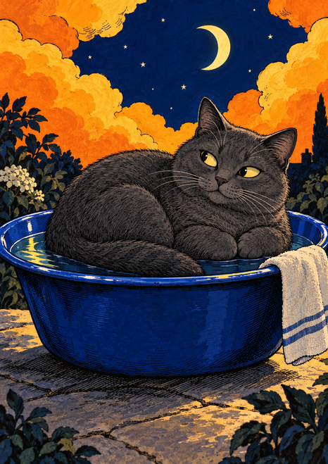 A charcoal-gray cat with yellow eyes curls inside a cobalt-blue enamel basin beneath a crescent moon, framed by orange clouds and foliage.