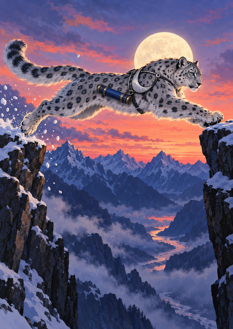 Spotted snow-leopard-like feline with a crescent harness and small blue case leaping between rocky ledges beneath a bright moon.