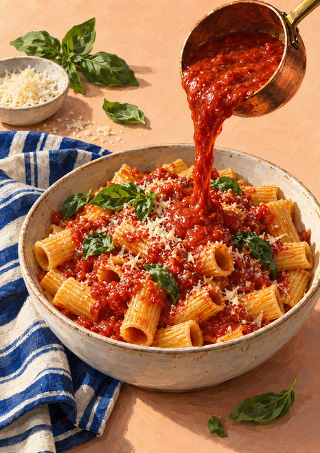 Cream bowl of rigatoni topped with tomato sauce, basil and grated cheese as a copper-colored ladle pours sauce from above.