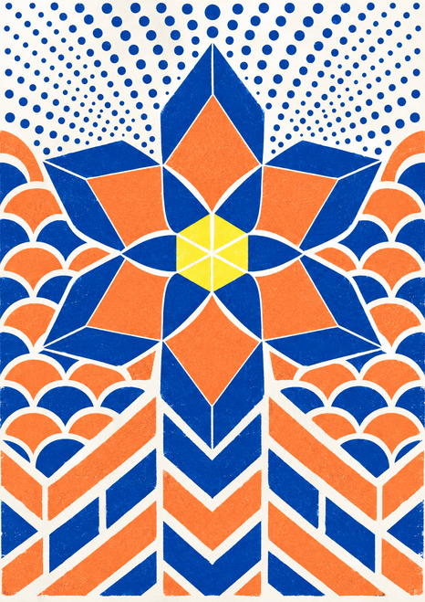Six-part geometric rosette in blue and apricot with a yellow center, dotted upper rays, scalloped side bands, and lower chevrons on an off-white ground.