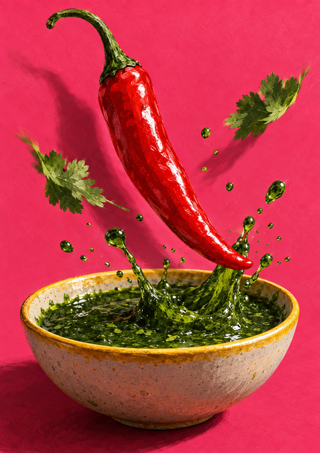 Glossy red chili pepper above a ceramic bowl of green herb sauce, with droplets and leaves against a warm pink background.