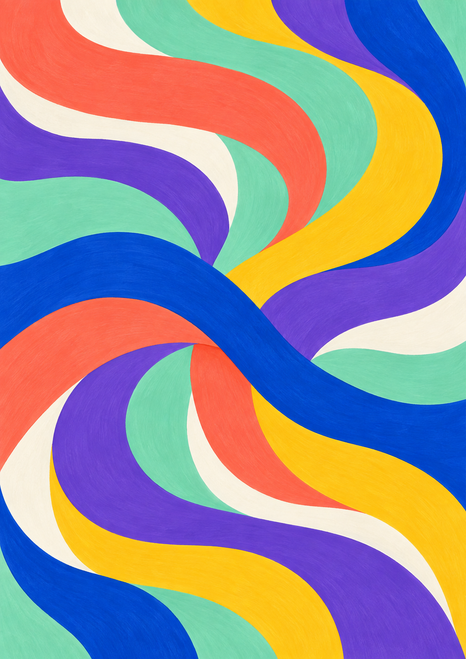 Broad coral, cobalt, gold, mint, violet, and warm white ribbons interweave in flowing curves across the full poster.