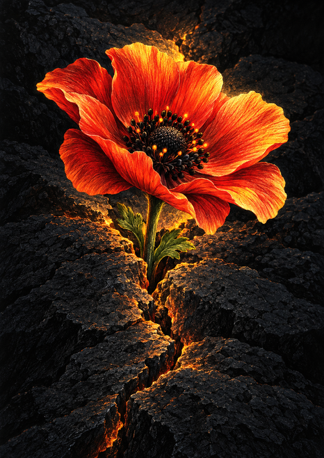 Large red-orange flower with a dark center emerging from a narrow crack in dark rock, surrounded by subtle ember-like highlights.