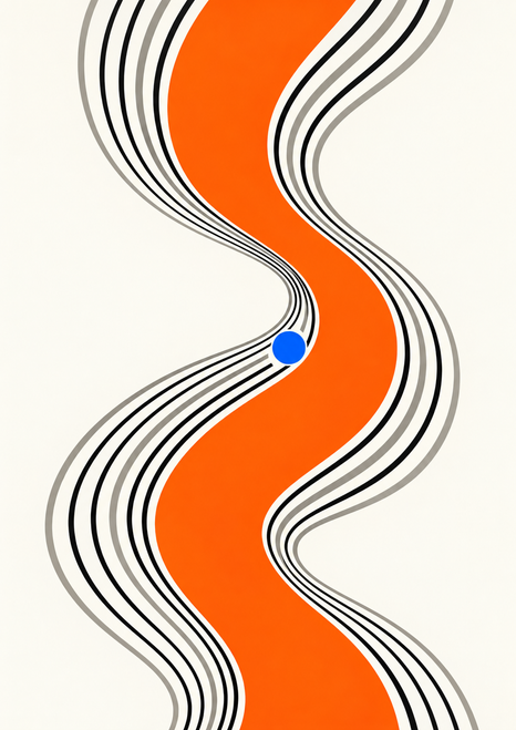 Vivid orange S-shaped ribbon with fine black and warm-gray contour lines and a small blue disc on an off-white background.