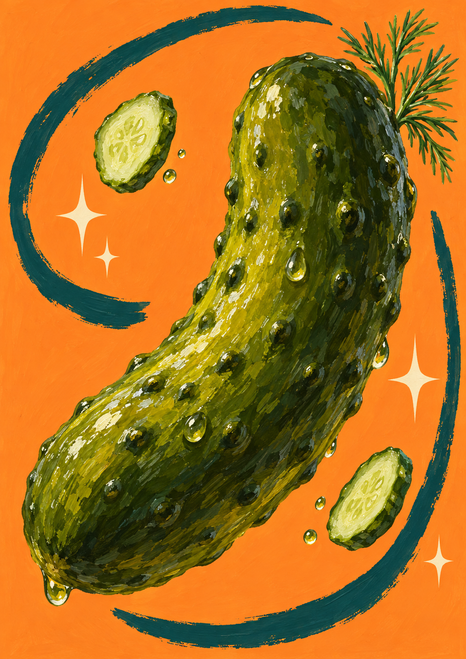 Large curved green pickle with droplets and floating slices inside an open teal loop on an apricot background.