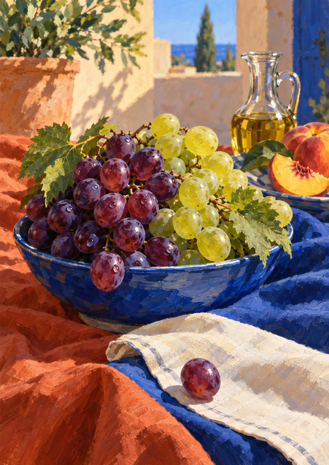 Blue bowl piled with purple and green grapes, with a grape on folded linen, sliced peach, glass carafe, greenery, and flowing fabric.