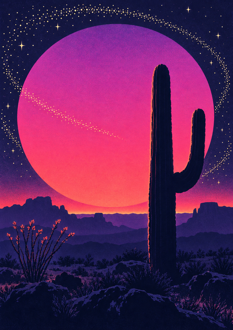 A tall dark saguaro cactus stands against a large pink-violet sun above desert mesas, star arcs and dark foreground scrub.