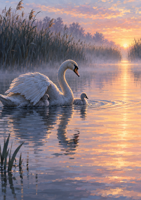 White adult swan gliding with two gray cygnets on a misty sunrise lake, one tucked beneath its raised wing.