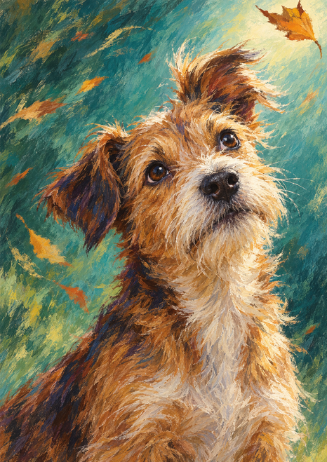 Shaggy brown-and-cream terrier-like dog looking upward among orange autumn leaves against a teal-green painterly background.