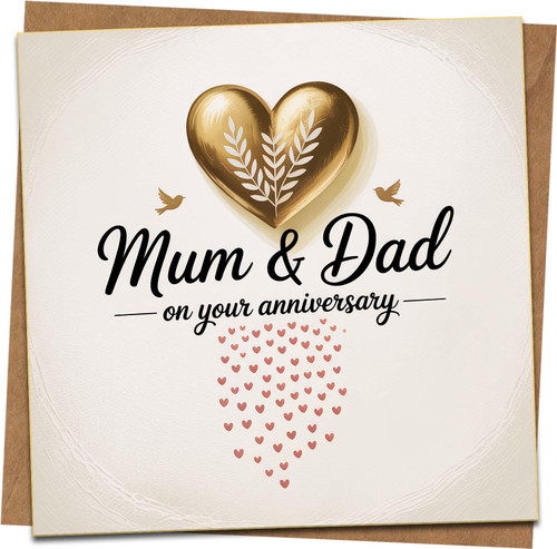 Mum & Dad Anniversary Card – 145mm x 145mm – Gold Heart and Dove Design with Heart Pattern – Elegant Textured Finish – Includes Kraft Envelope