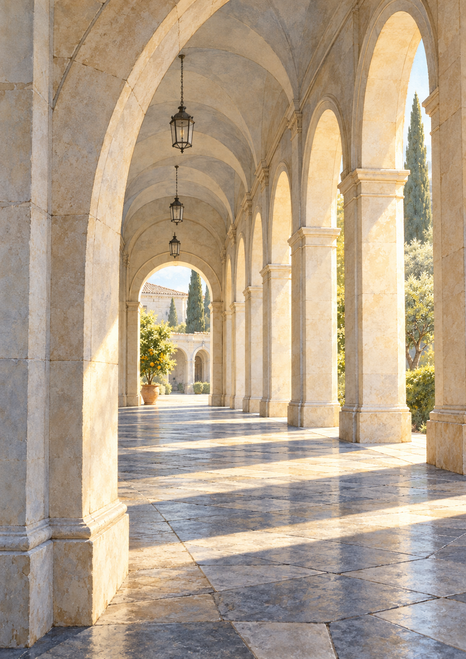 Pale stone arches recede across patterned paving toward a sunny courtyard with a potted citrus tree and hanging lanterns.